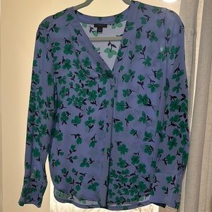 Ann Taylor Purple and Green Buttoned Blouse with Notched Collar
